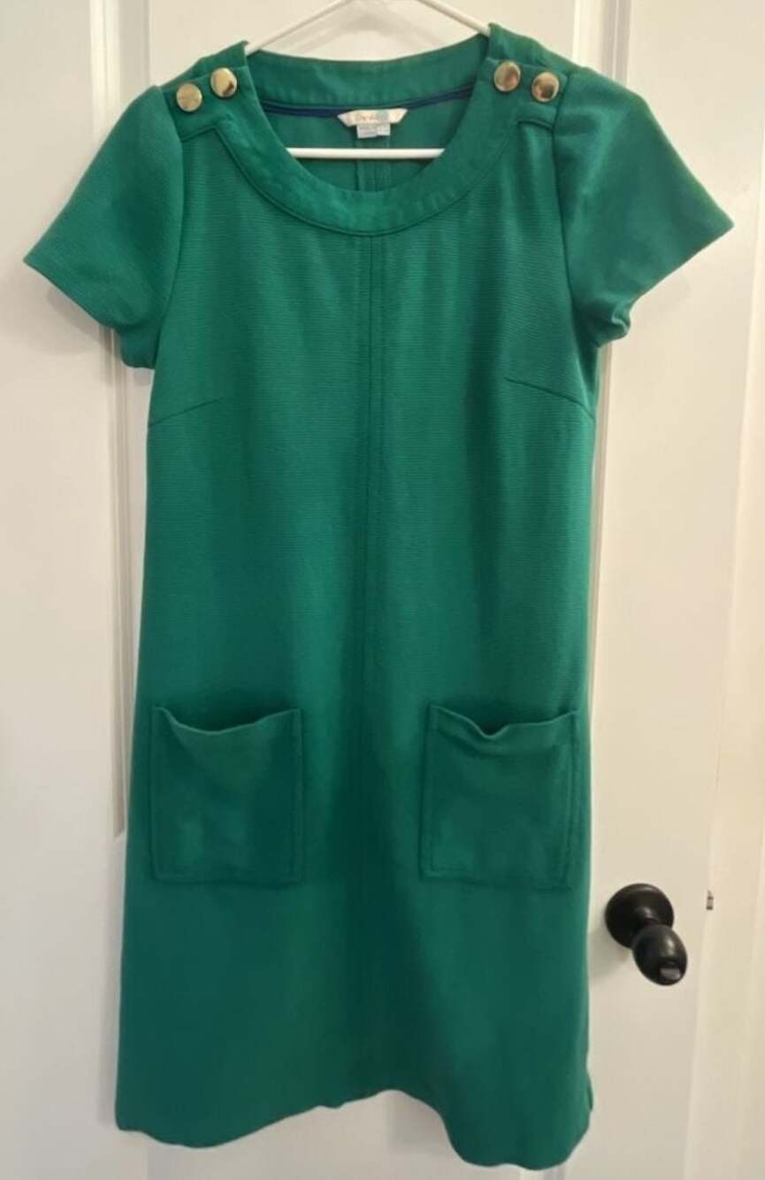 Boden Kelly Green Texture Short Sleeve Dress Gold Buttons and Pockets
